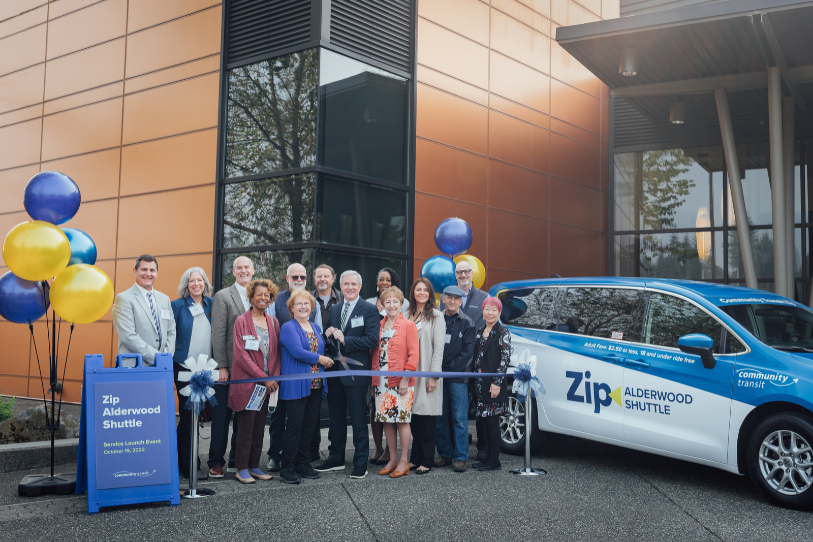 Community Transit staff and board members, elected officials and community partners celebrated the kick-off of a one-year pilot of the agency’s first on-demand ride service, Zip Shuttle, at the Lynnwood Convention Center