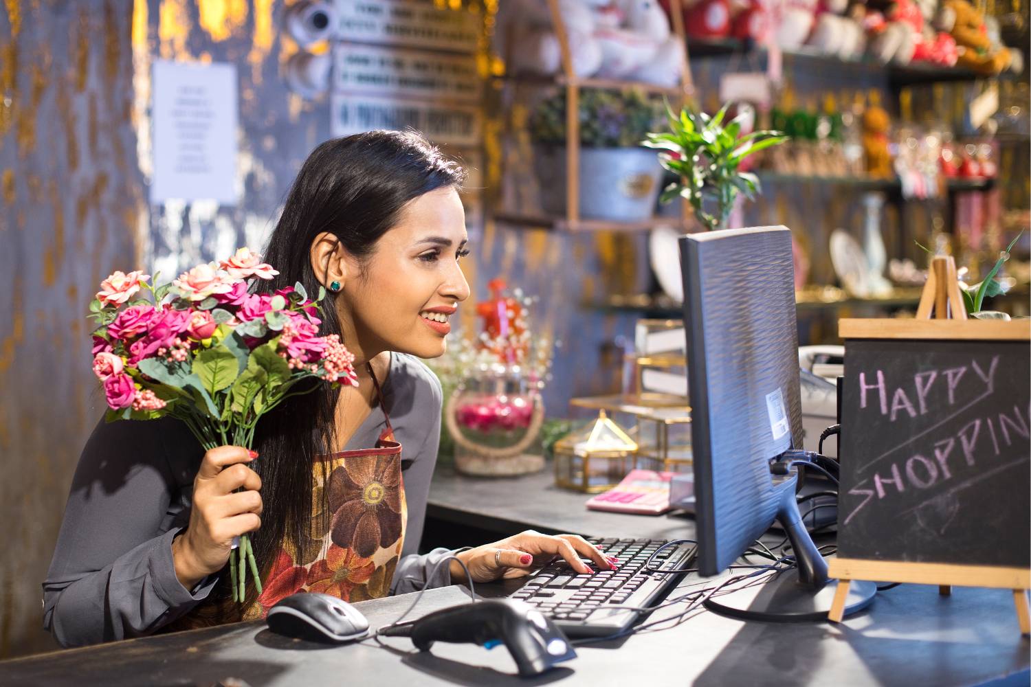 A woman holds a bouquet of flowers as she uses her computer in a flower shop